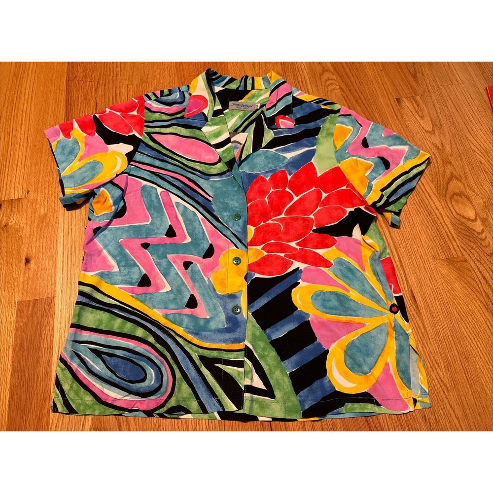 Vintage Jams World Hawaiian Shirt M Tutti Frutti Button Down Rayon Floral Print